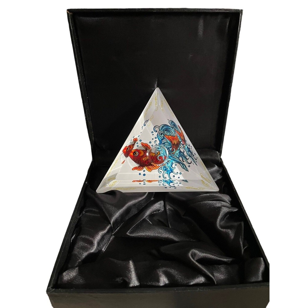 Ed Hardy by Christian Audiger Koi Fish Glass Candle Holder Prism Paperweight New